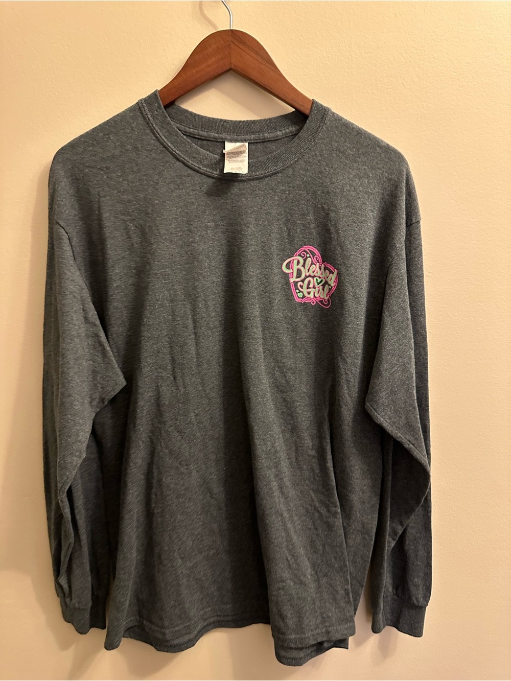 Gildan Long-Sleeve Tee in Charcoal with Pink Graphic